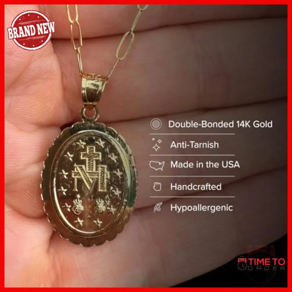 14K Gold Virgin Mary Miraculous Medal Pendant for Necklace, Religious Jewelry